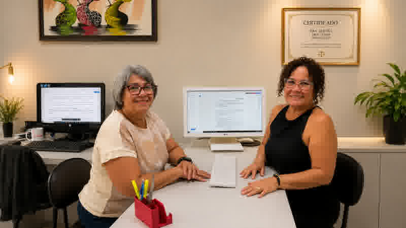 Dra. Liana e Dra. Aurora atendendo no escritório de advocacia previdenciária